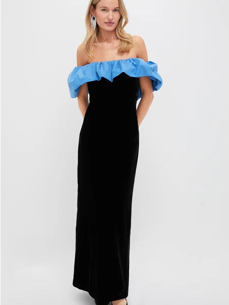 Tuckernuck Black Strapless Maxi Dress With Blue Ruffle